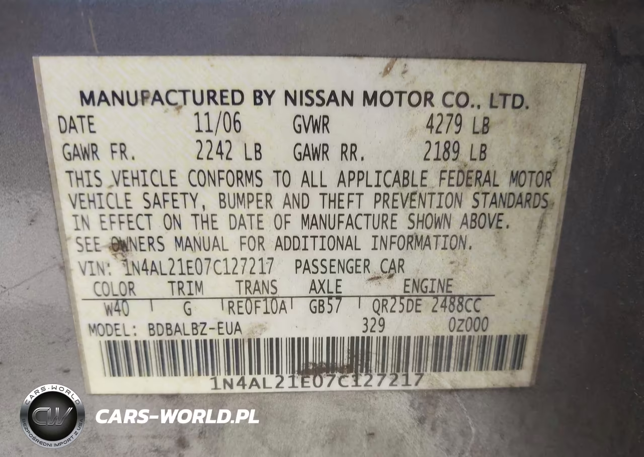 2007 Nissan Altima 2.5 S VIN:1N4AL21E07C127217 - 9