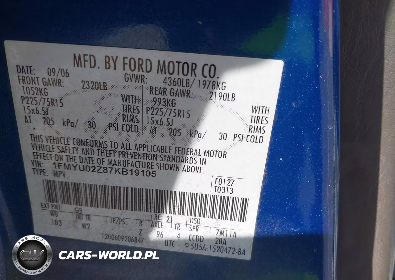 2007 Ford Escape Xls-Xls Manual VIN:1FMYU02Z87KB19105 - 9