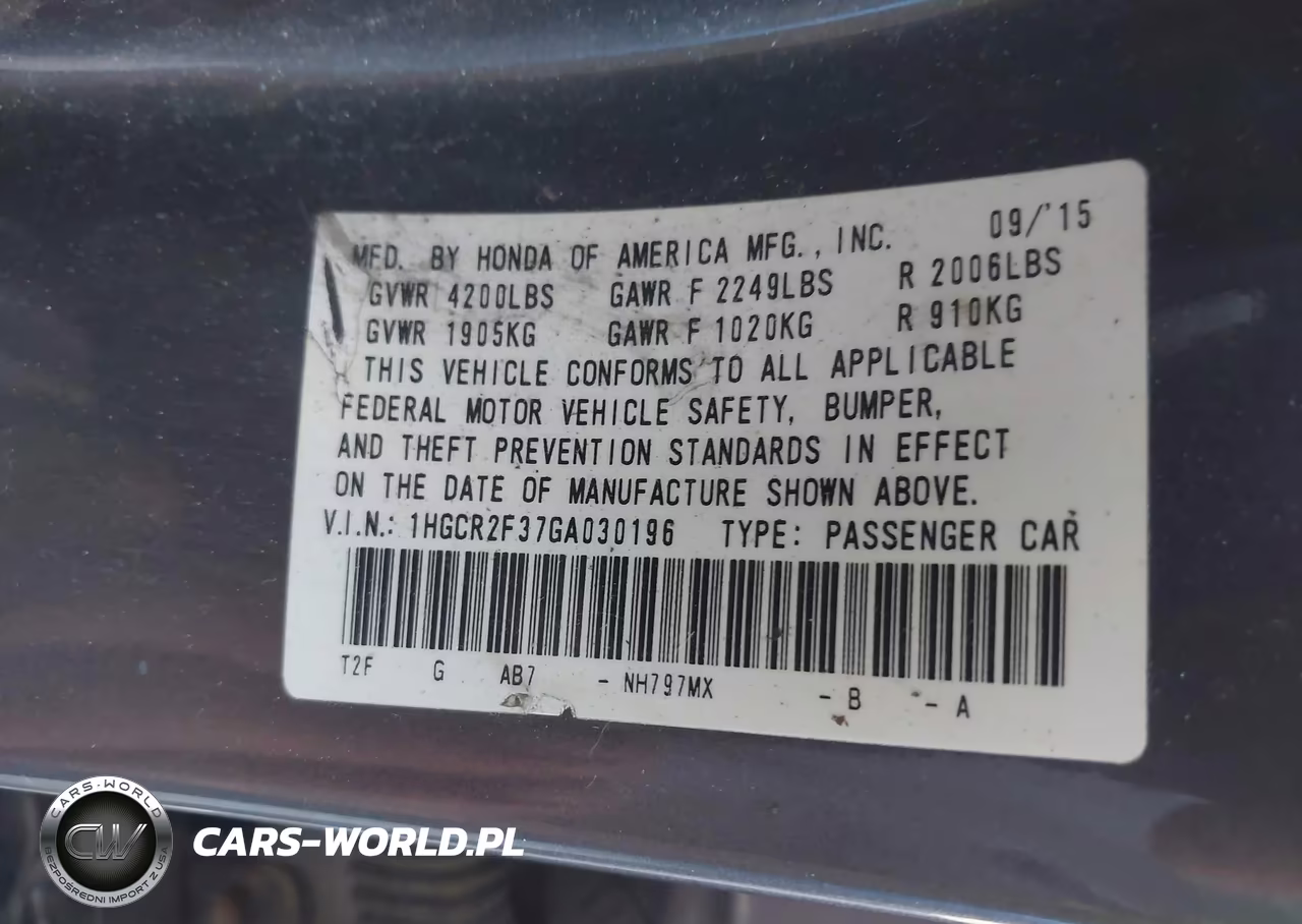 2016 Honda Accord Lx VIN:1HGCR2F37GA030196 - 9