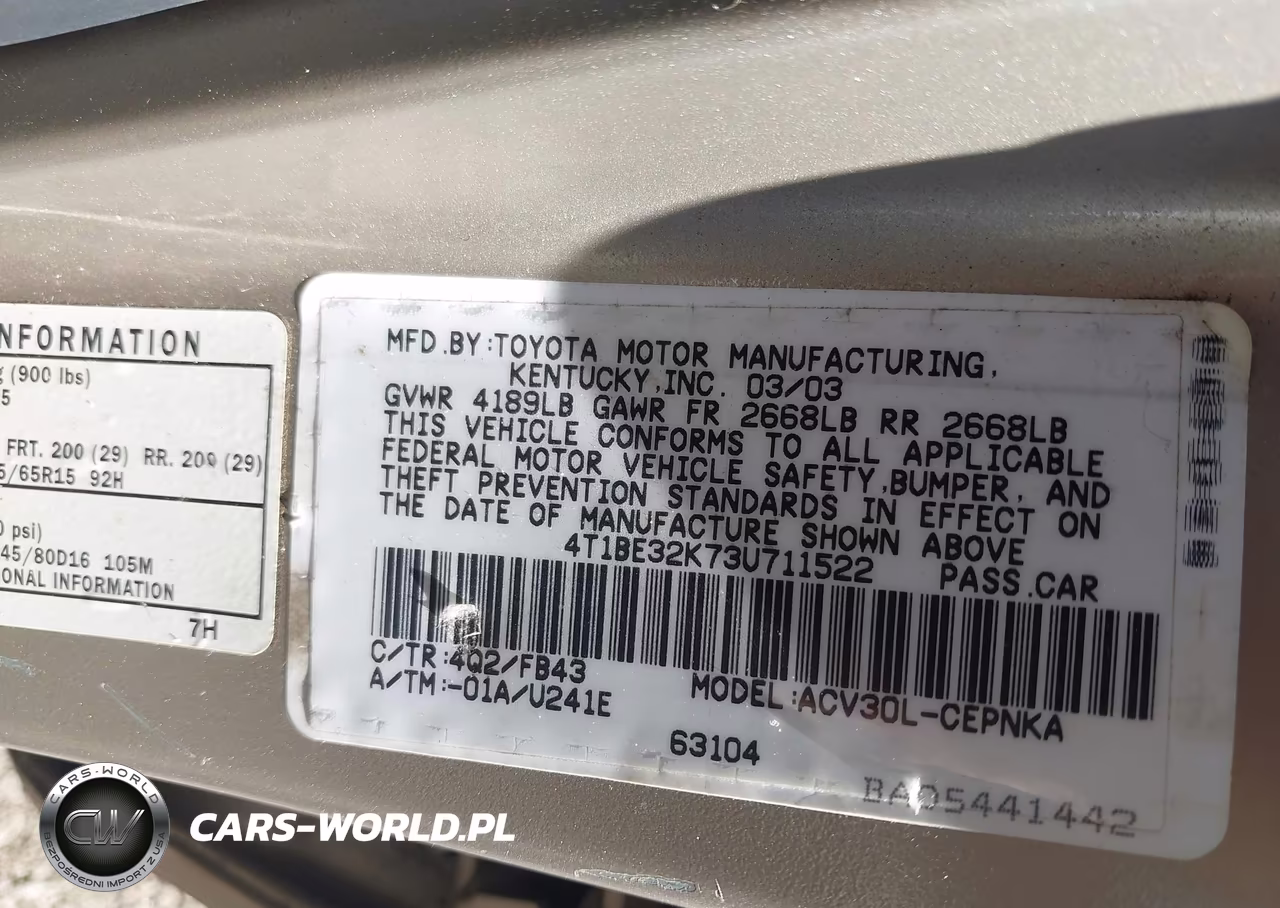 2003 Toyota Camry Le VIN:4T1BE32K73U711522 - 9