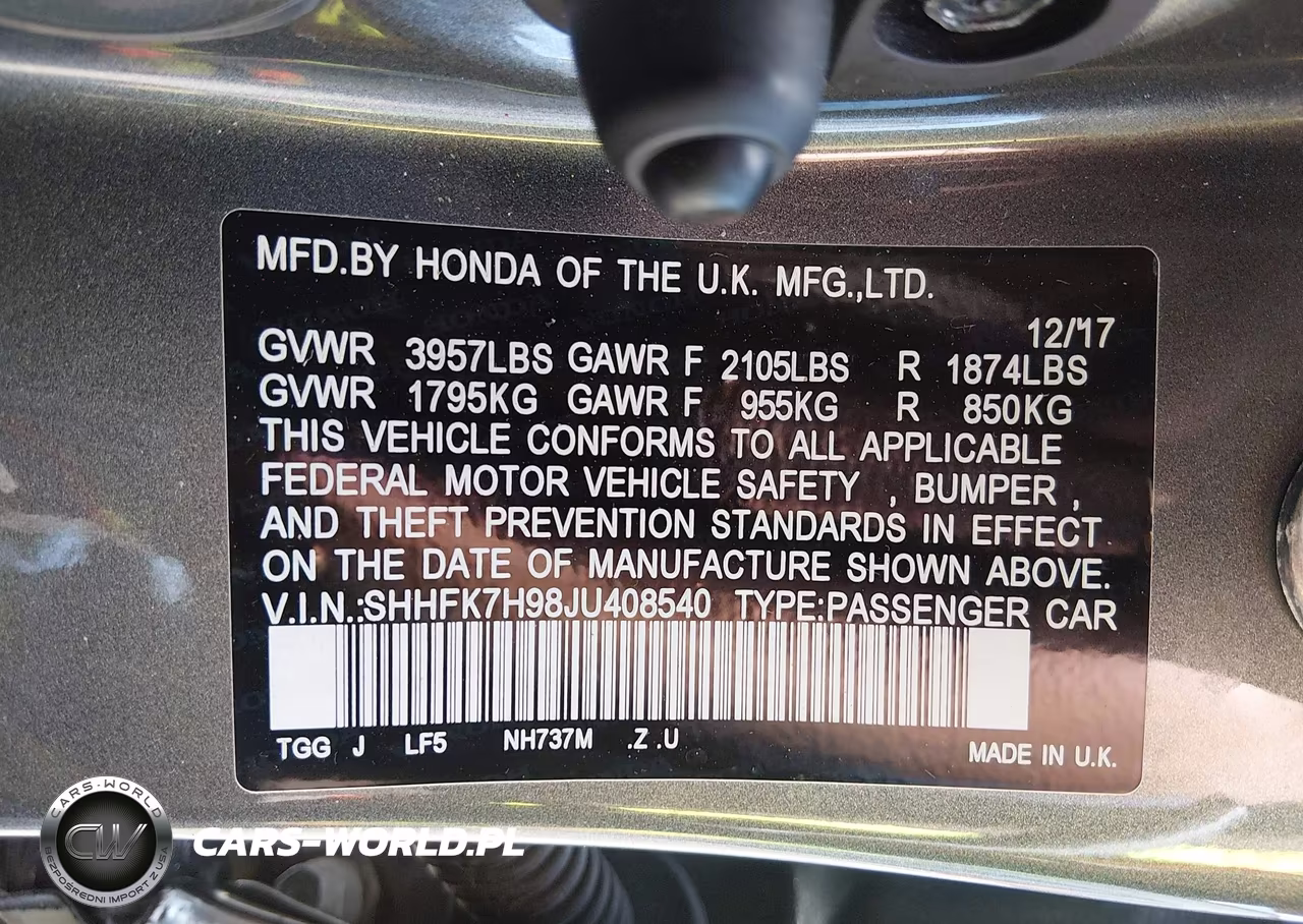 2018 Honda Civic Sport Touring VIN:SHHFK7H98JU408540 - 9