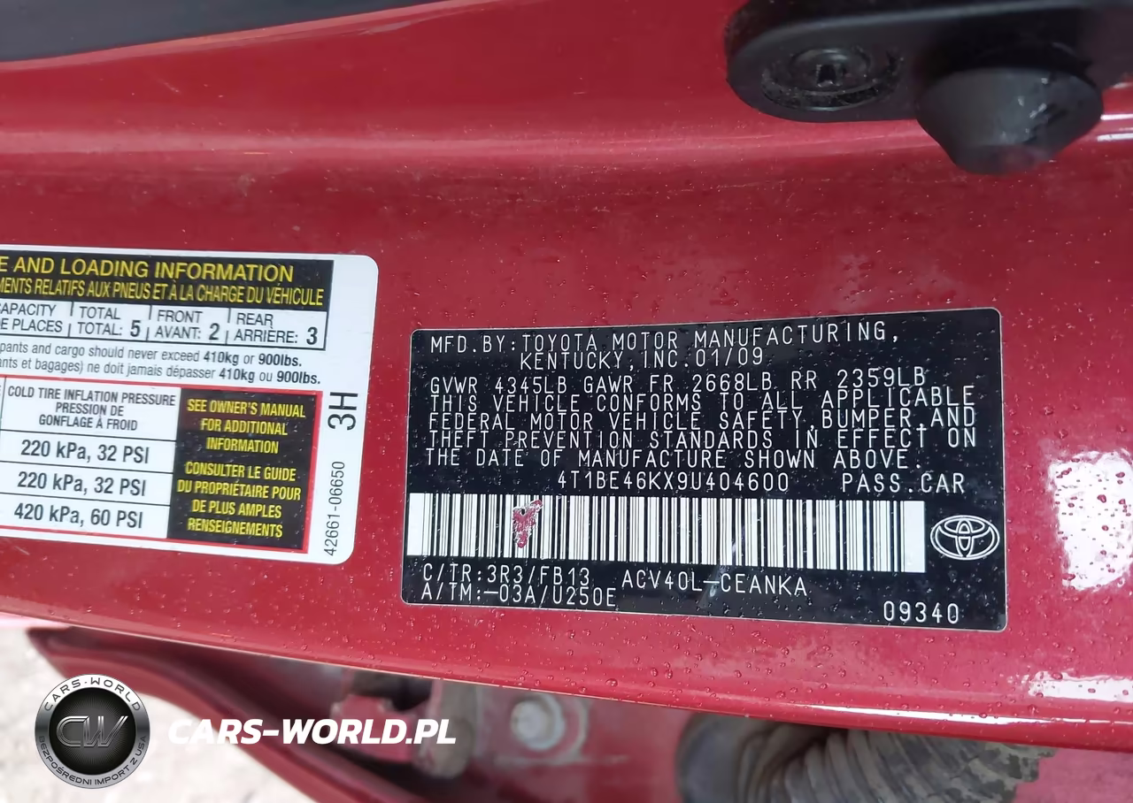 2009 Toyota Camry Le VIN:4T1BE46KX9U404600 - 9