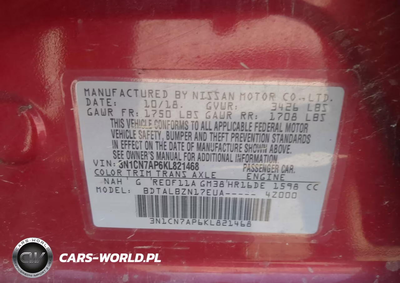 2019 Nissan Versa 1.6 Sv VIN:3N1CN7AP6KL821468 - 9