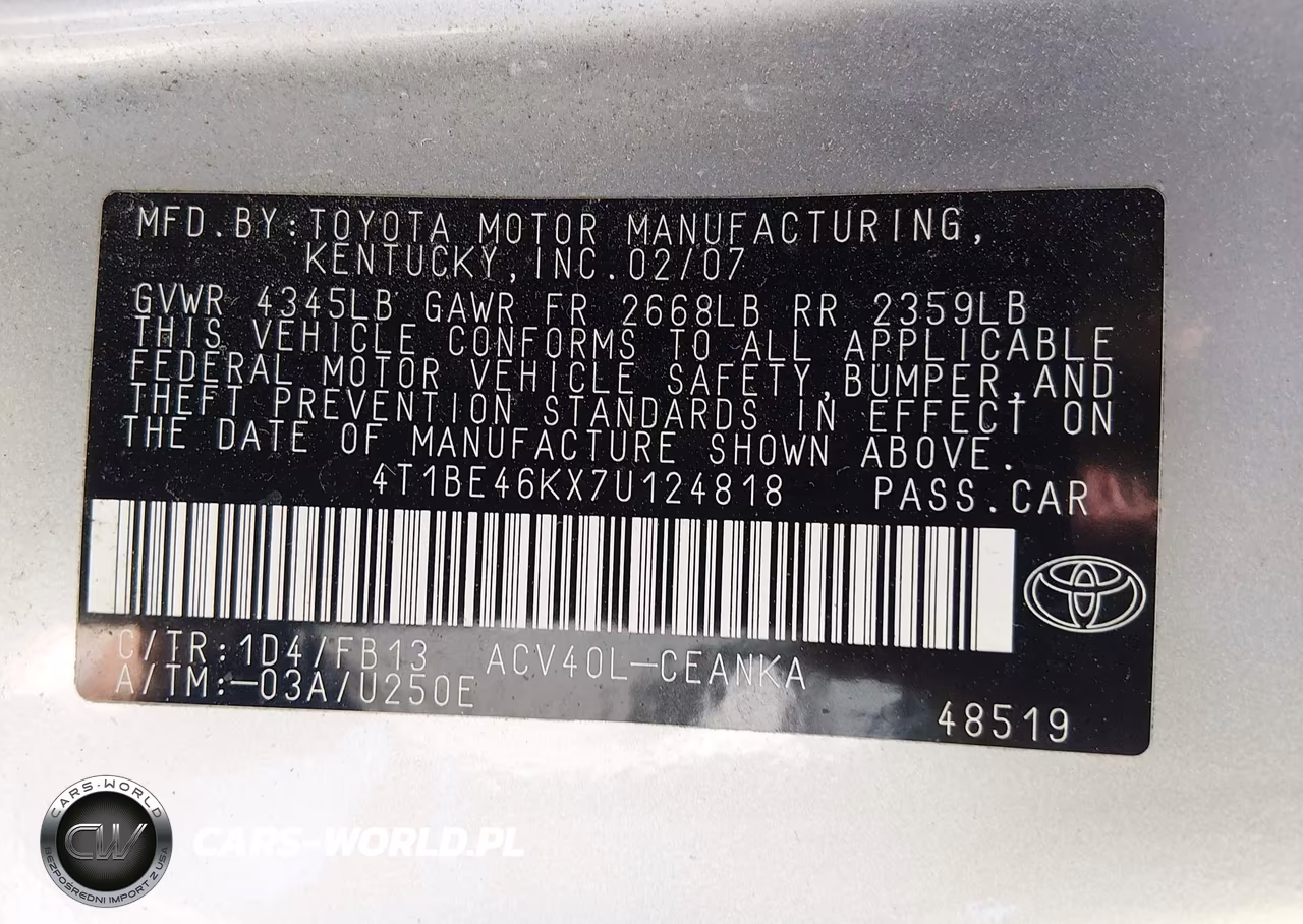 2007 Toyota Camry Le VIN:4T1BE46KX7U124818 - 9