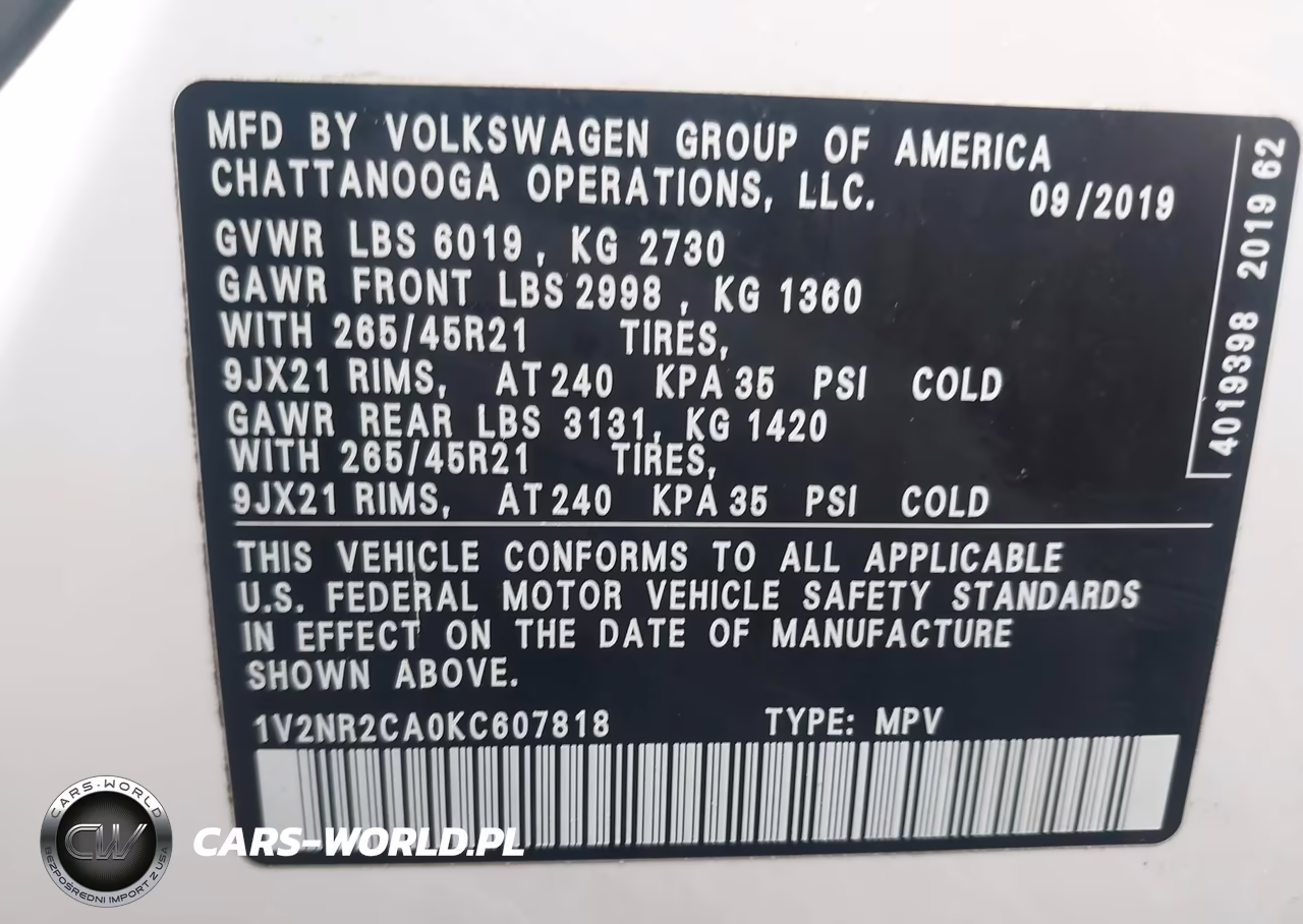 2019 Volkswagen Atlas 3.6L V6 Sel Premium VIN:1V2NR2CA0KC607818 - 9