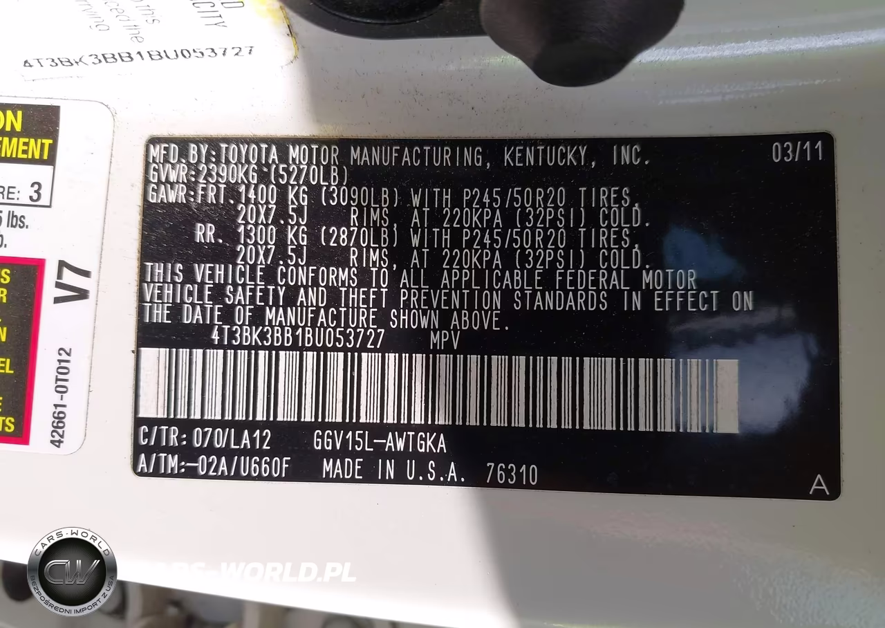 2011 Toyota Venza Base V6 VIN:4T3BK3BB1BU053727 - 9