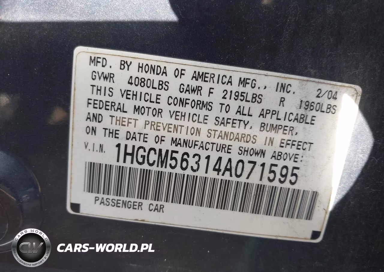 2004 Honda Accord 2.4 Lx VIN:1HGCM56314A071595 - 9