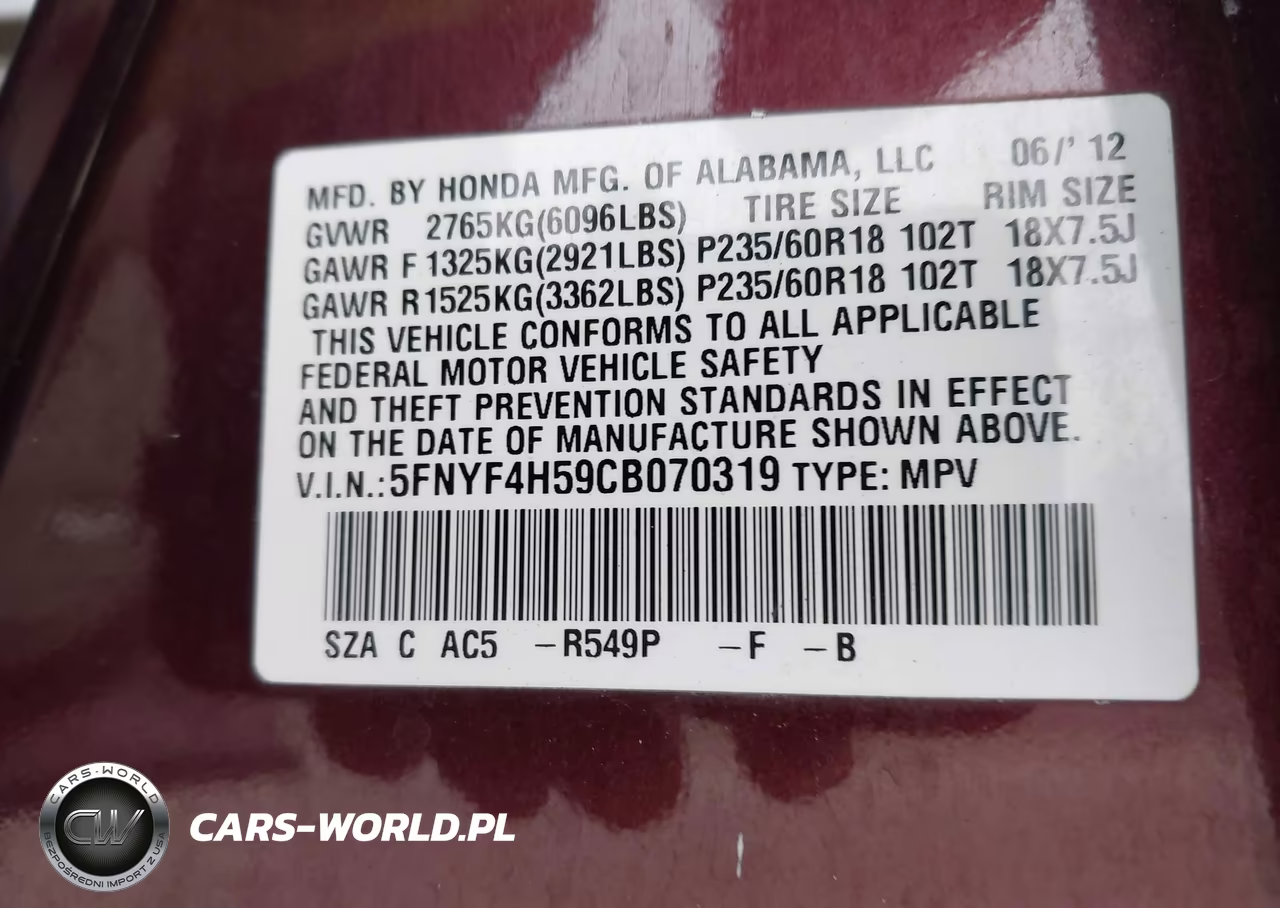 2012 Honda Pilot Ex-L VIN:5FNYF4H59CB070319 - 9