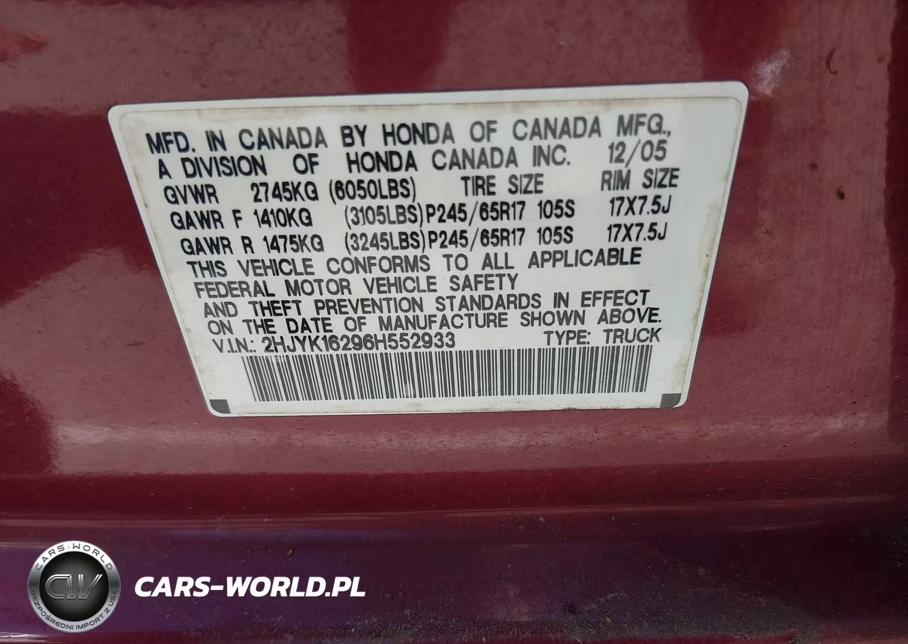 2006 Honda Ridgeline Rt VIN:2HJYK16296H552933 - 9