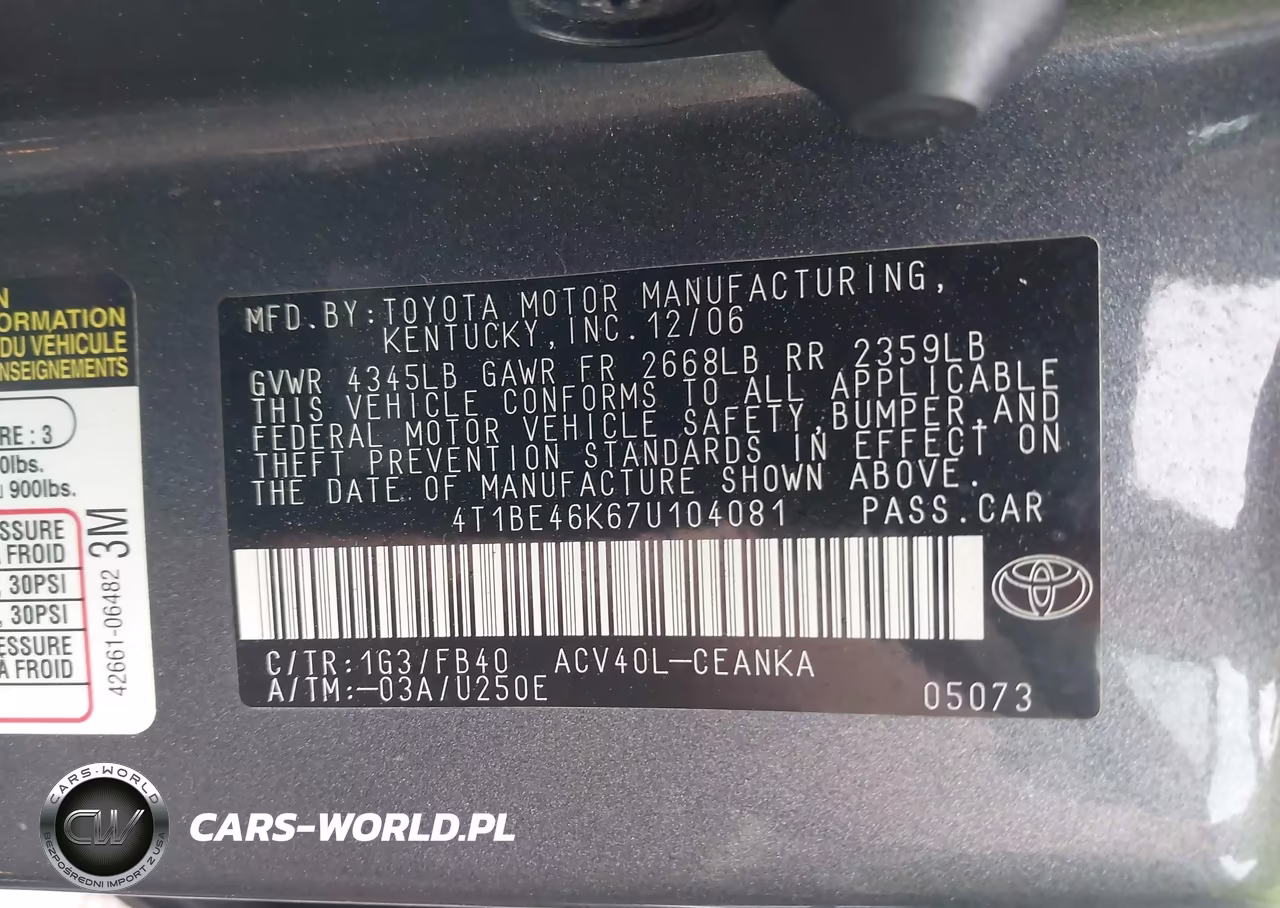 2007 Toyota Camry Le VIN:4T1BE46K67U104081 - 9
