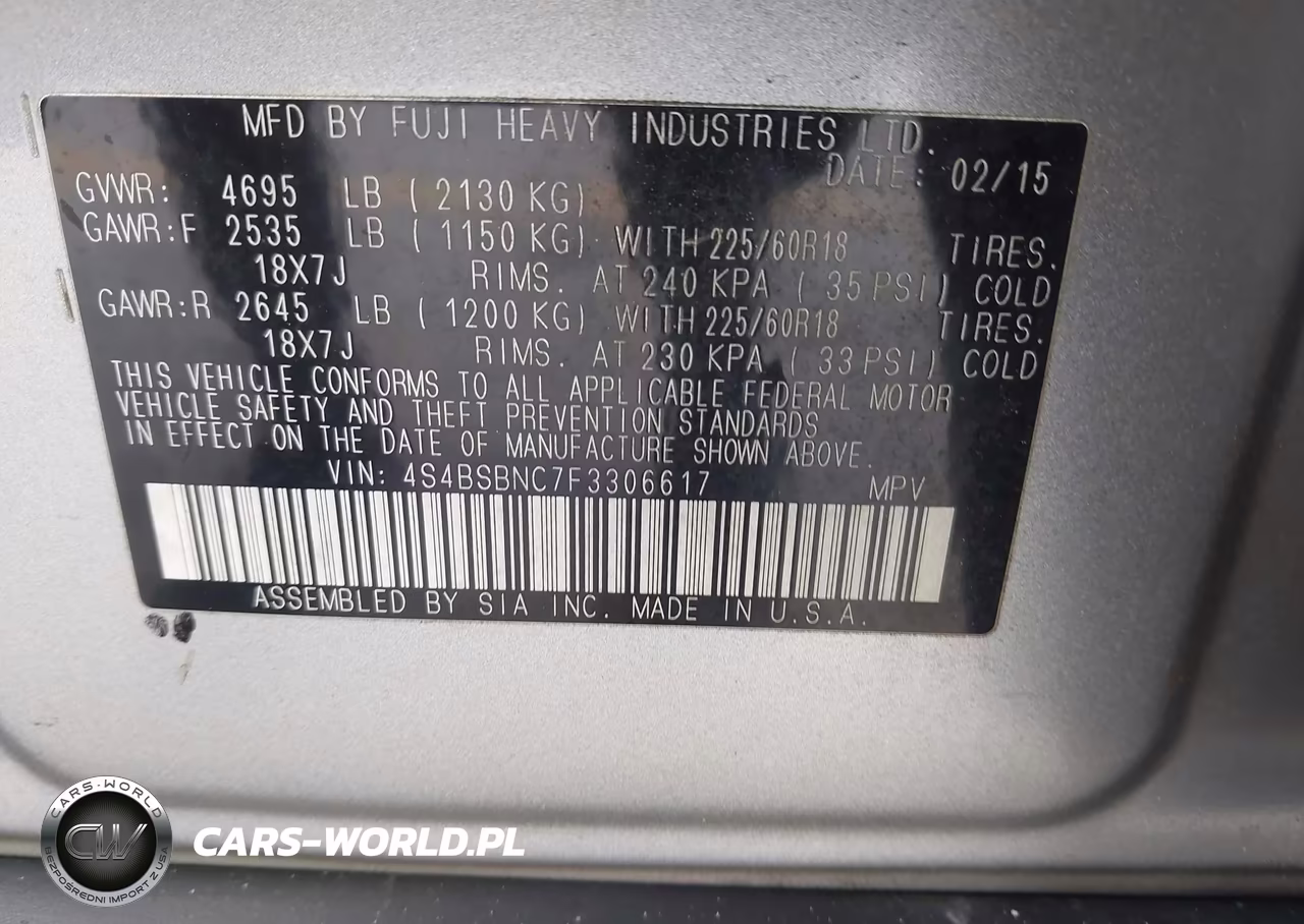 2015 Subaru Outback 2.5I Limited VIN:4S4BSBNC7F3306617 - 9