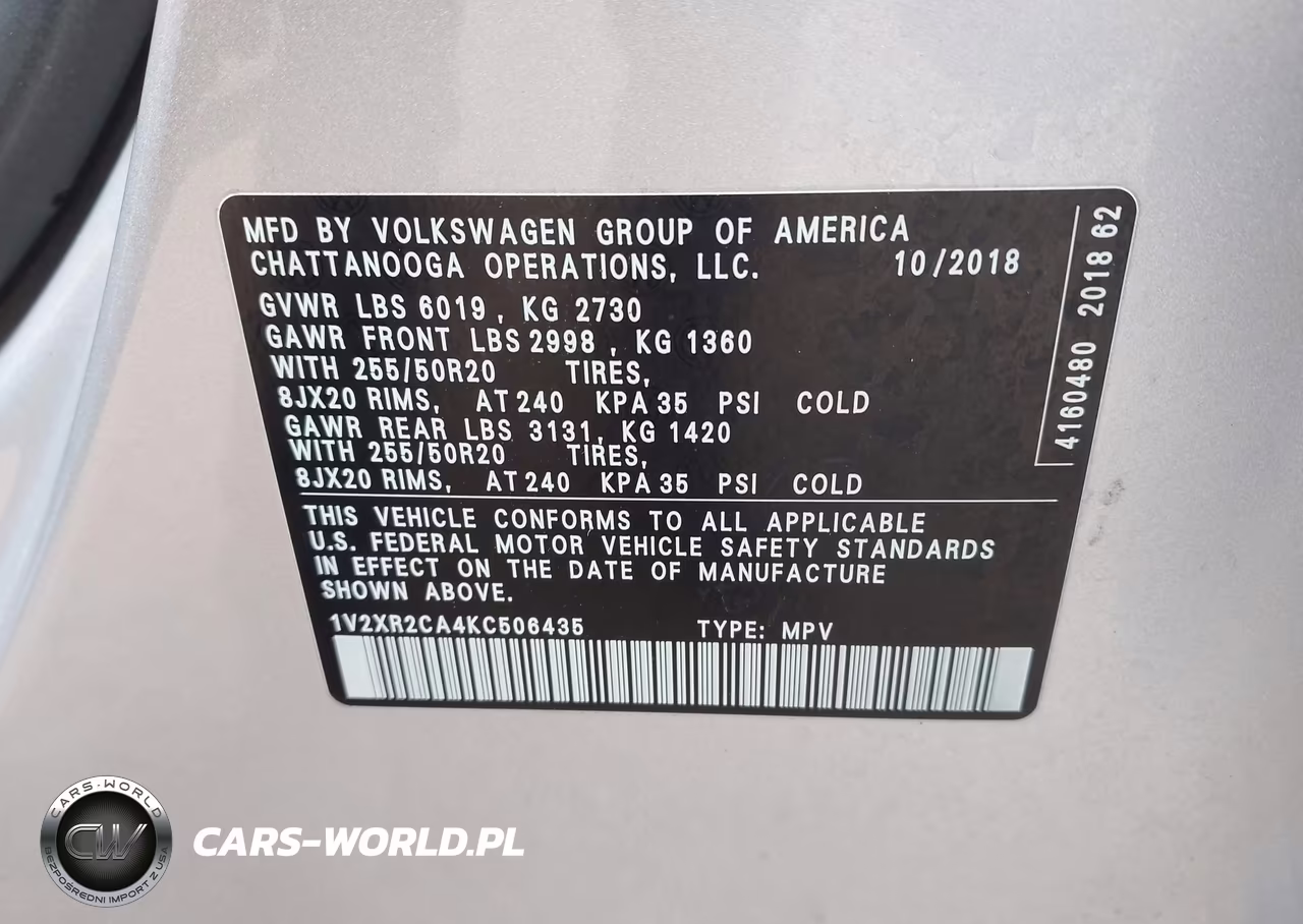 2019 Volkswagen Atlas 3.6L V6 Se W-Technology R-Line VIN:1V2XR2CA4KC506435 - 9