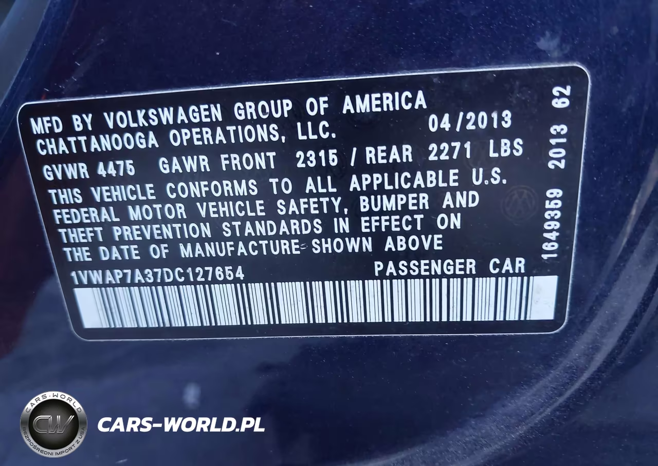 2013 Volkswagen Passat 2.5L S VIN:1VWAP7A37DC127654 - 9
