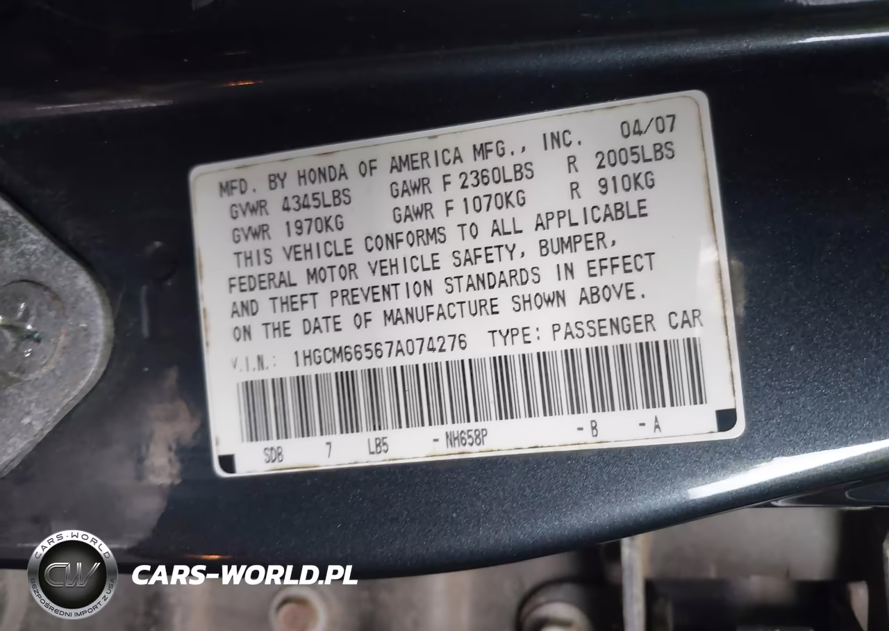 2007 Honda Accord Sdn Ex-L VIN:1HGCM66567A074276 - 9
