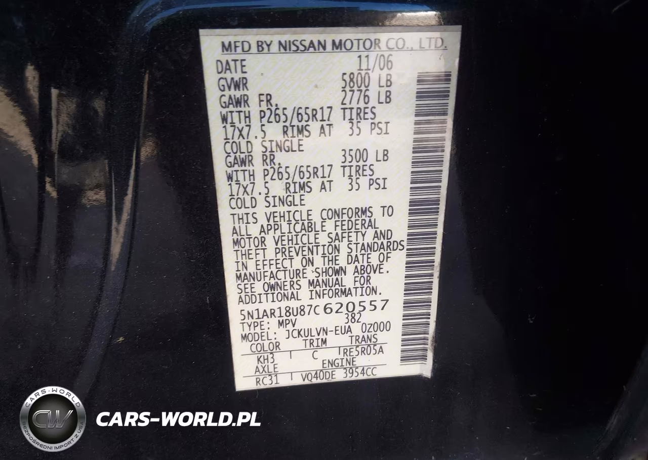 2007 Nissan Pathfinder Le VIN:5N1AR18U87C620557 - 9