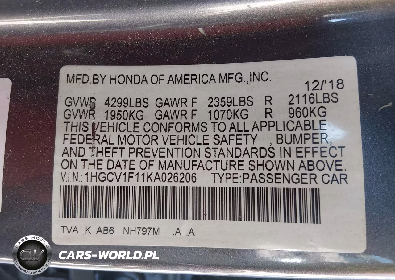 2019 Honda Accord Lx VIN:1HGCV1F11KA026206 - 9