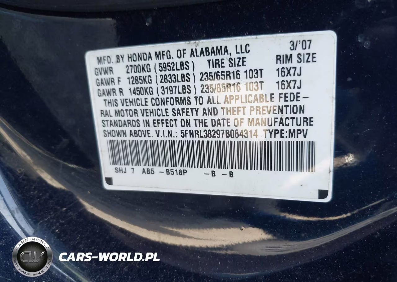 2007 Honda Odyssey Lx VIN:5FNRL38297B064314 - 9