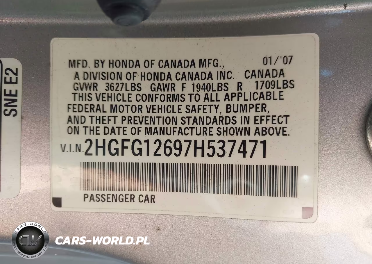 2007 Honda Civic Lx VIN:2HGFG12697H537471 - 9
