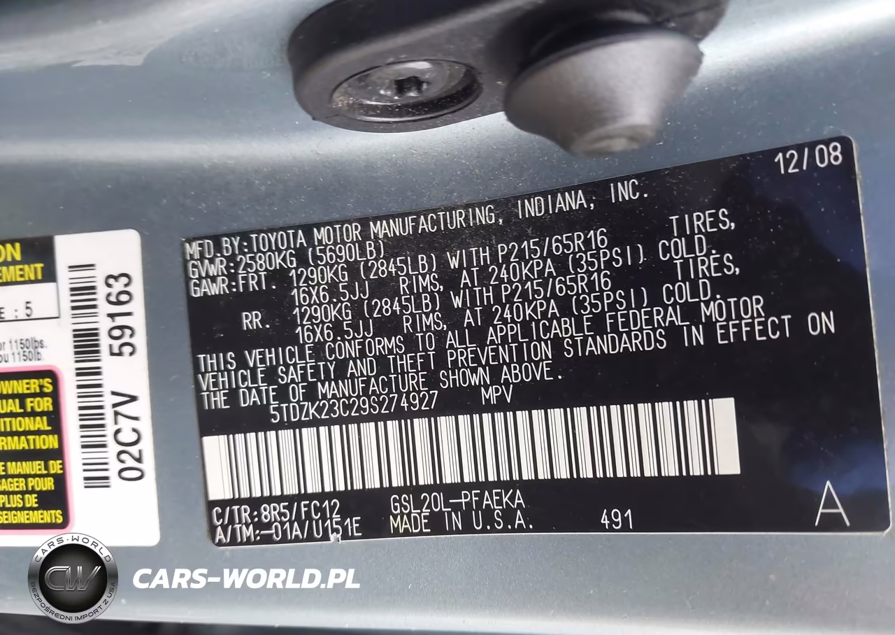 2009 Toyota Sienna Le VIN:5TDZK23C29S274927 - 9