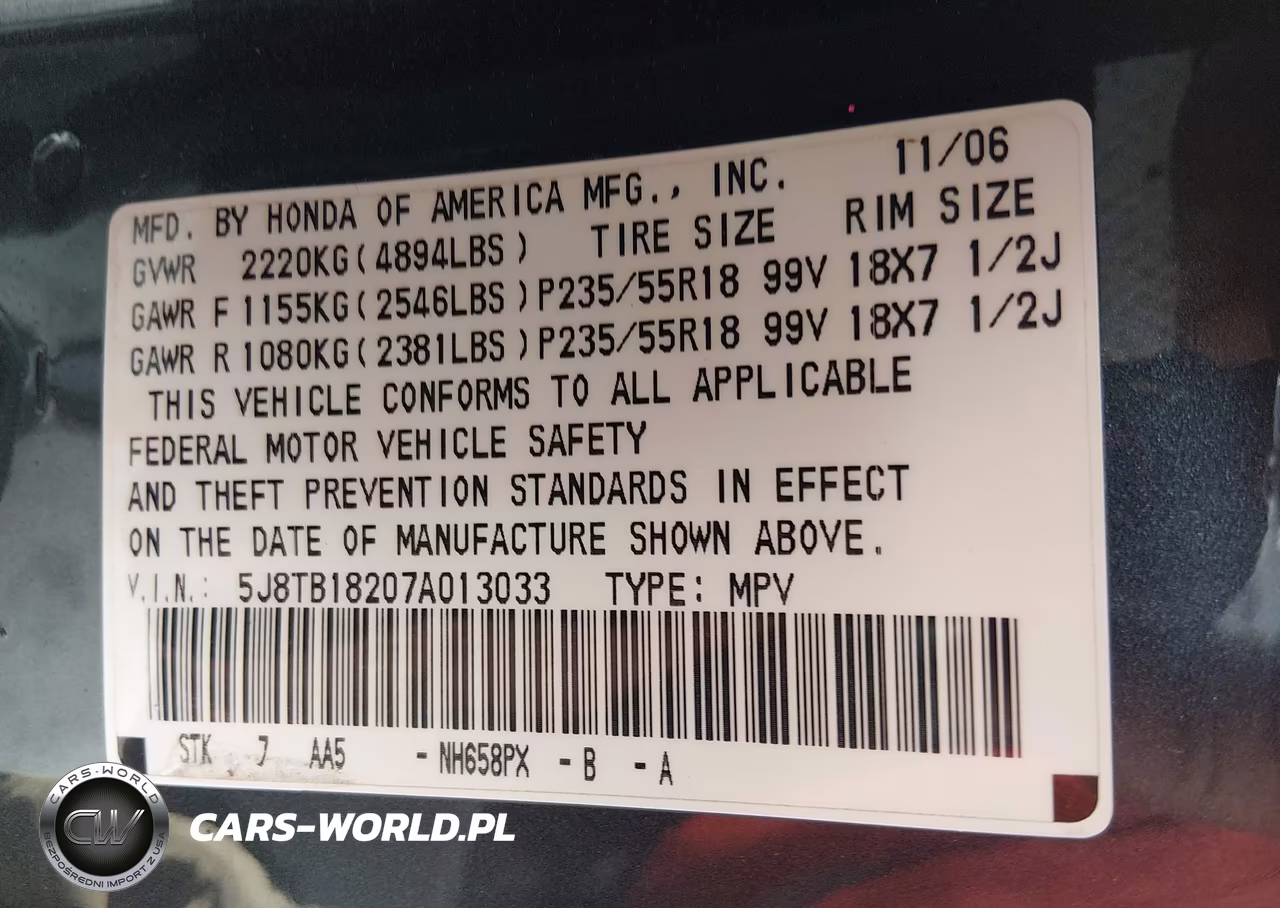 2007 Acura Rdx VIN:5J8TB18207A013033 - 9