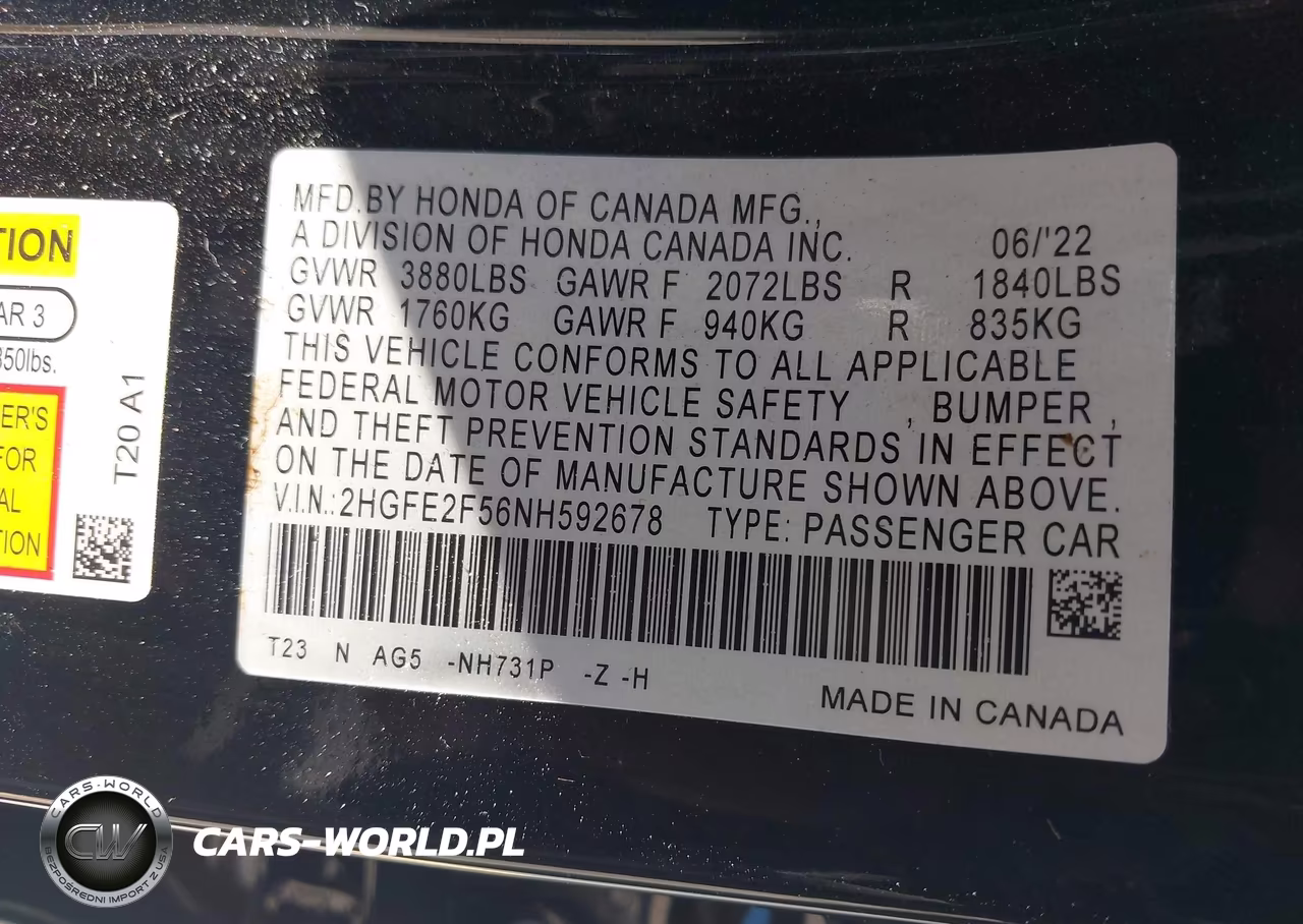 2022 Honda Civic Sport VIN:2HGFE2F56NH592678 - 9