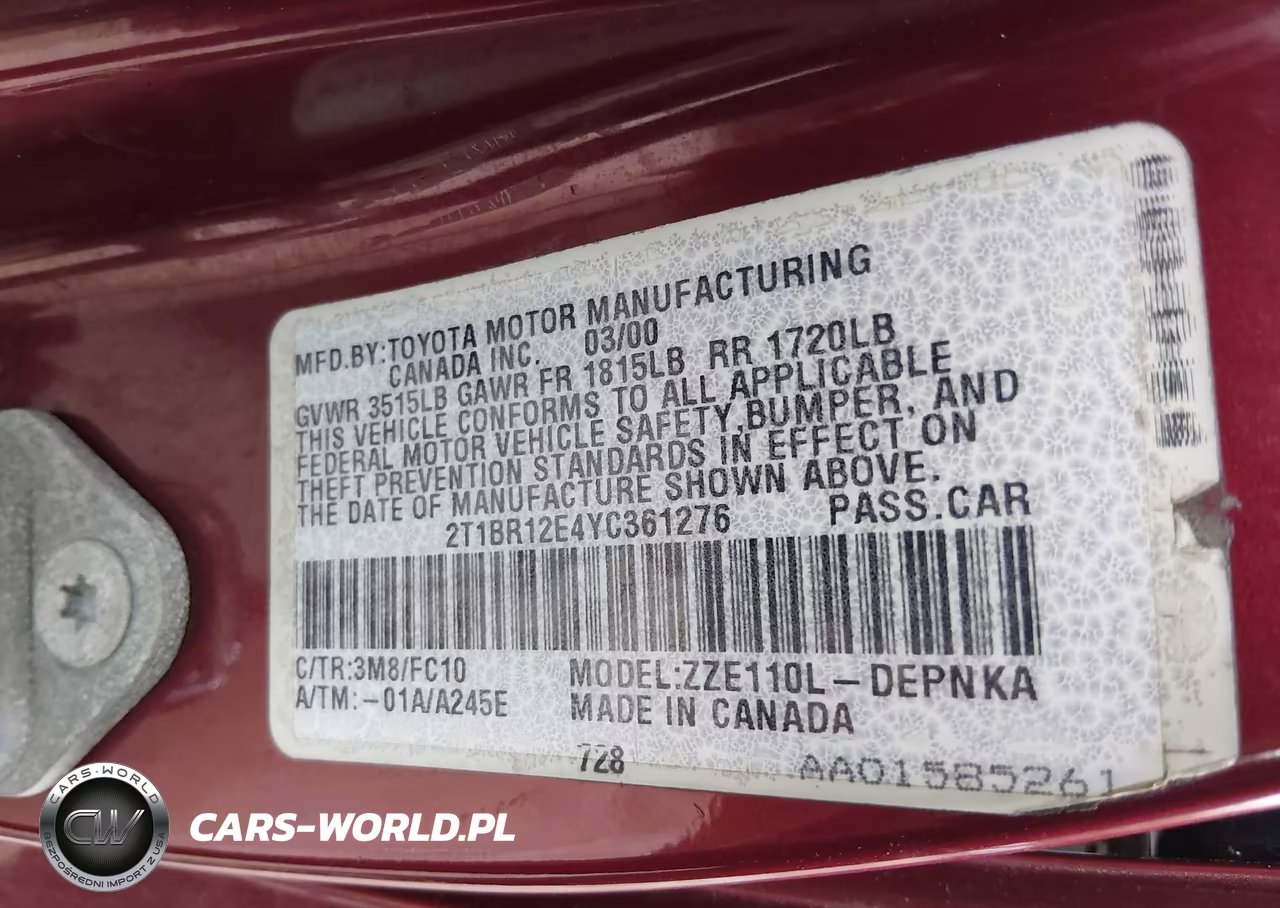 2000 Toyota Corolla Le VIN:2T1BR12E4YC361276 - 9