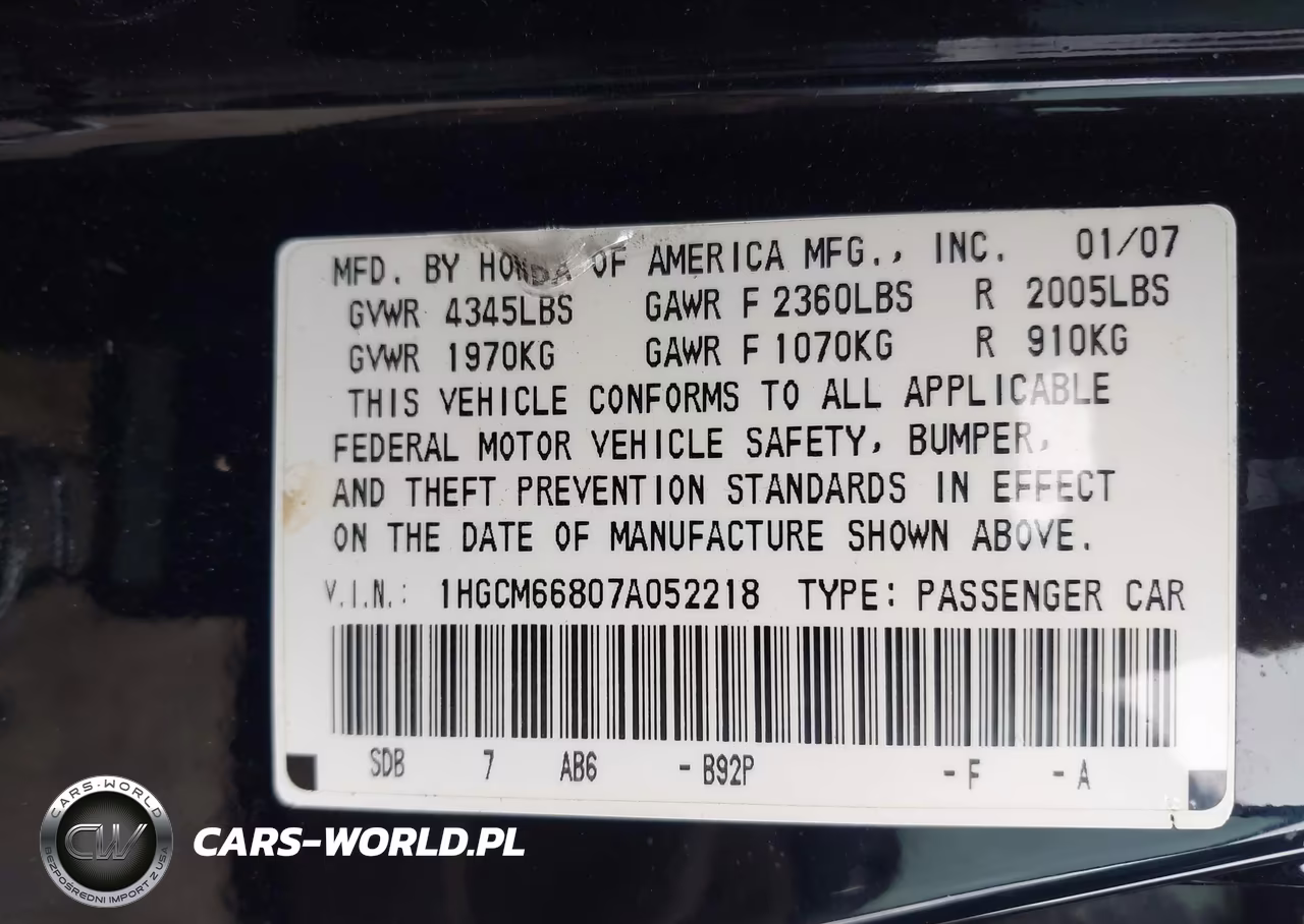 2007 Honda Accord 3.0 Ex VIN:1HGCM66807A052218 - 9