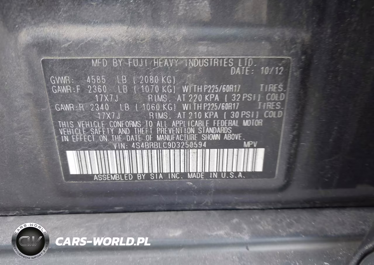 2013 Subaru Outback 2.5I Limited VIN:4S4BRBLC9D3250594 - 9