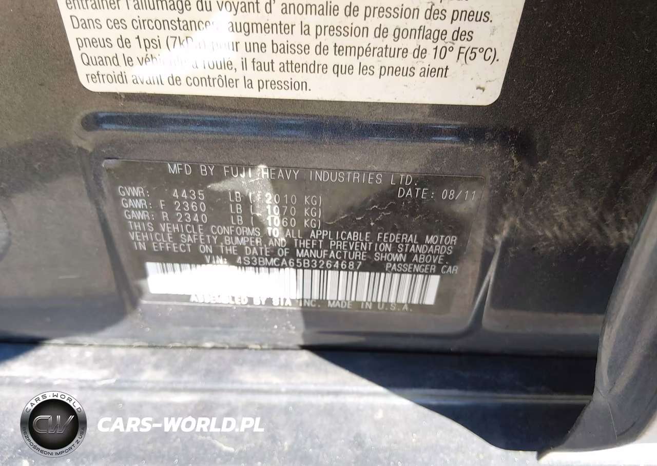 2011 Subaru Legacy 2.5I VIN:4S3BMCA65B3264687 - 9