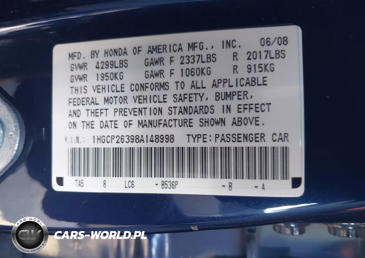 2008 Honda Accord 2.4 Lx VIN:1HGCP26398A148998 - 9