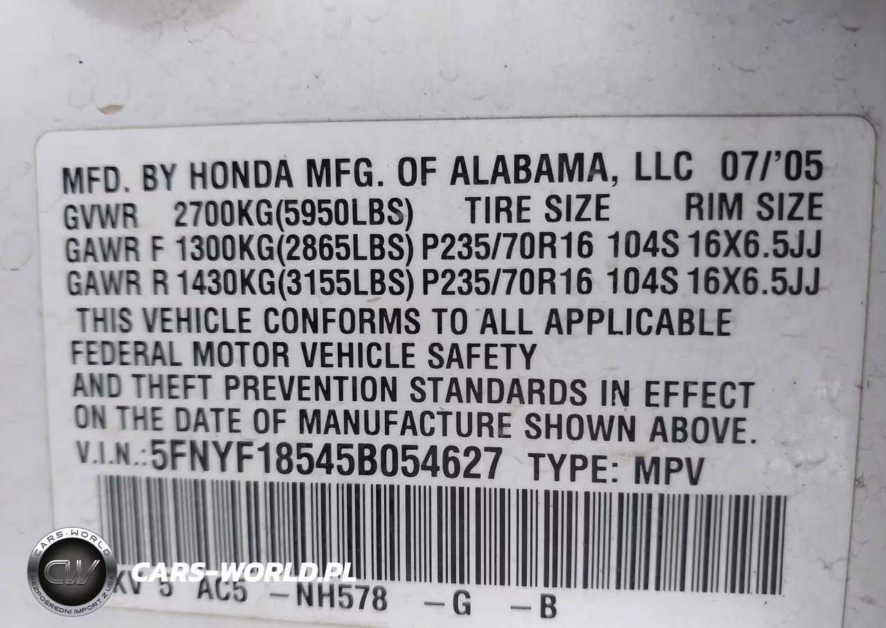 2005 Honda Pilot Ex-L VIN:5FNYF18545B054627 - 9