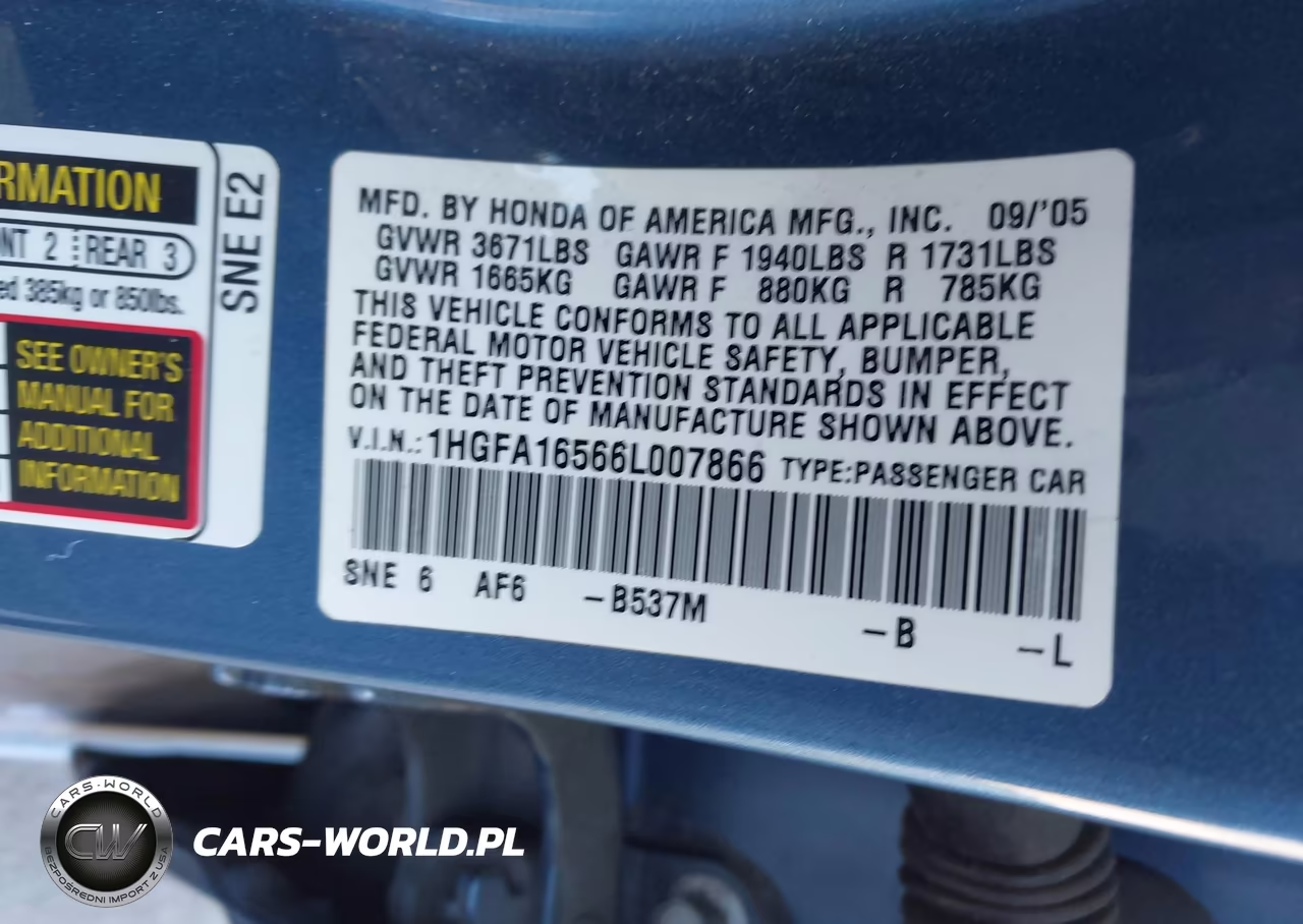 2006 Honda Civic Lx VIN:1HGFA16566L007866 - 9