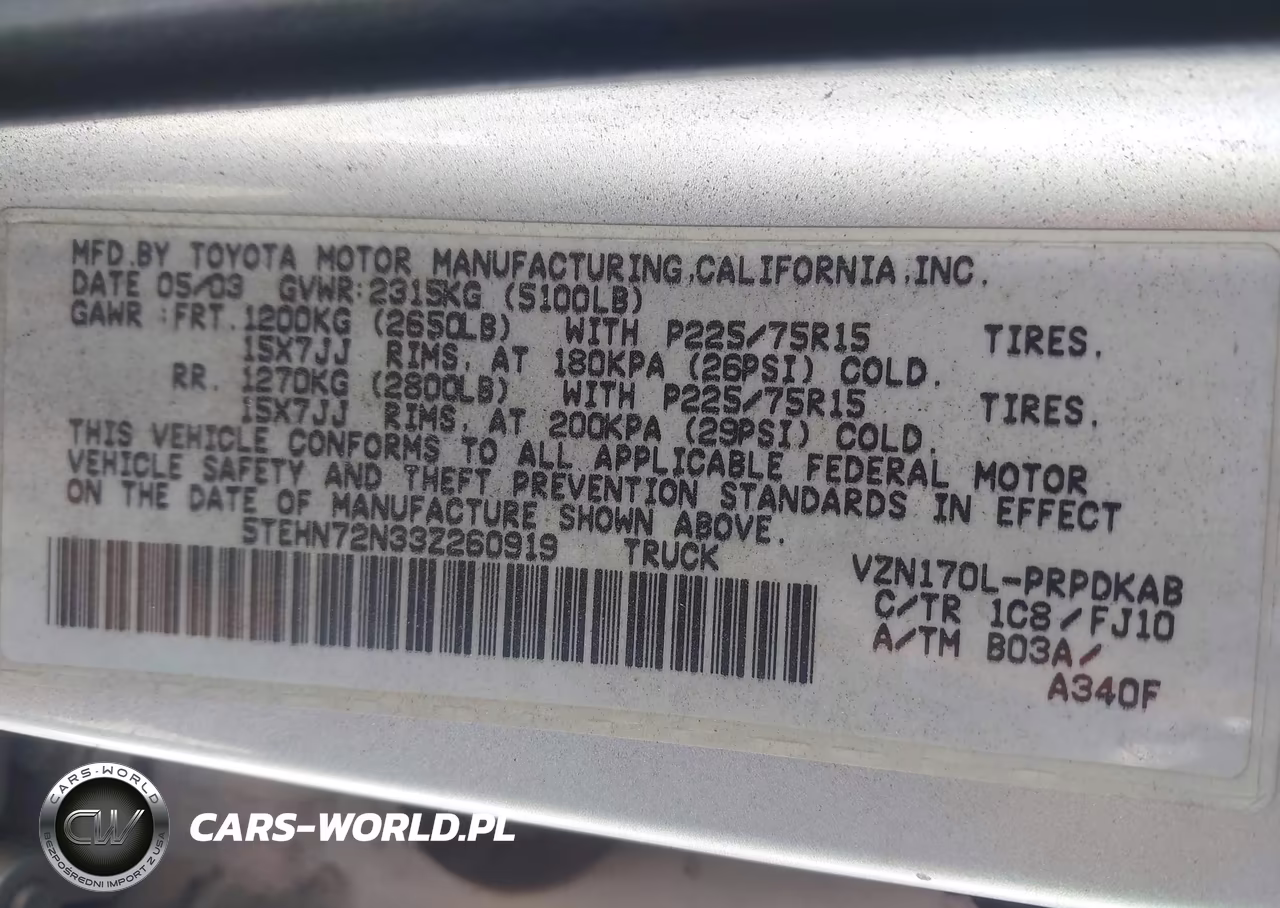 2003 Toyota Tacoma Base V6 VIN:5TEHN72N33Z260919 - 9