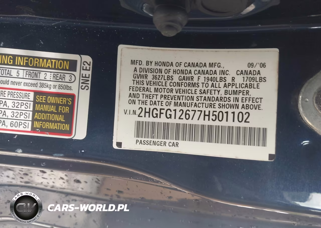 2007 Honda Civic Lx VIN:2HGFG12677H501102 - 9