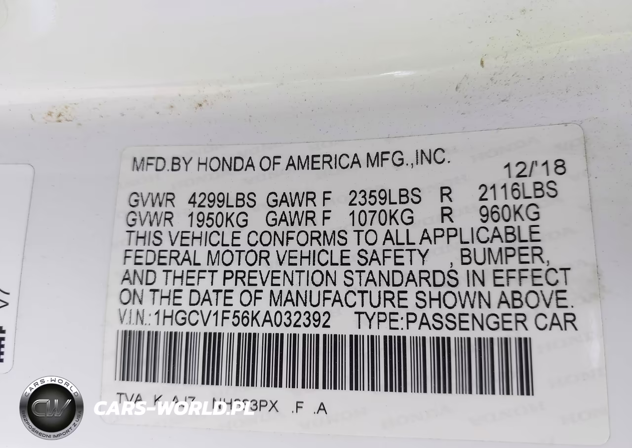 2019 Honda Accord Ex-L VIN:1HGCV1F56KA032392 - 9