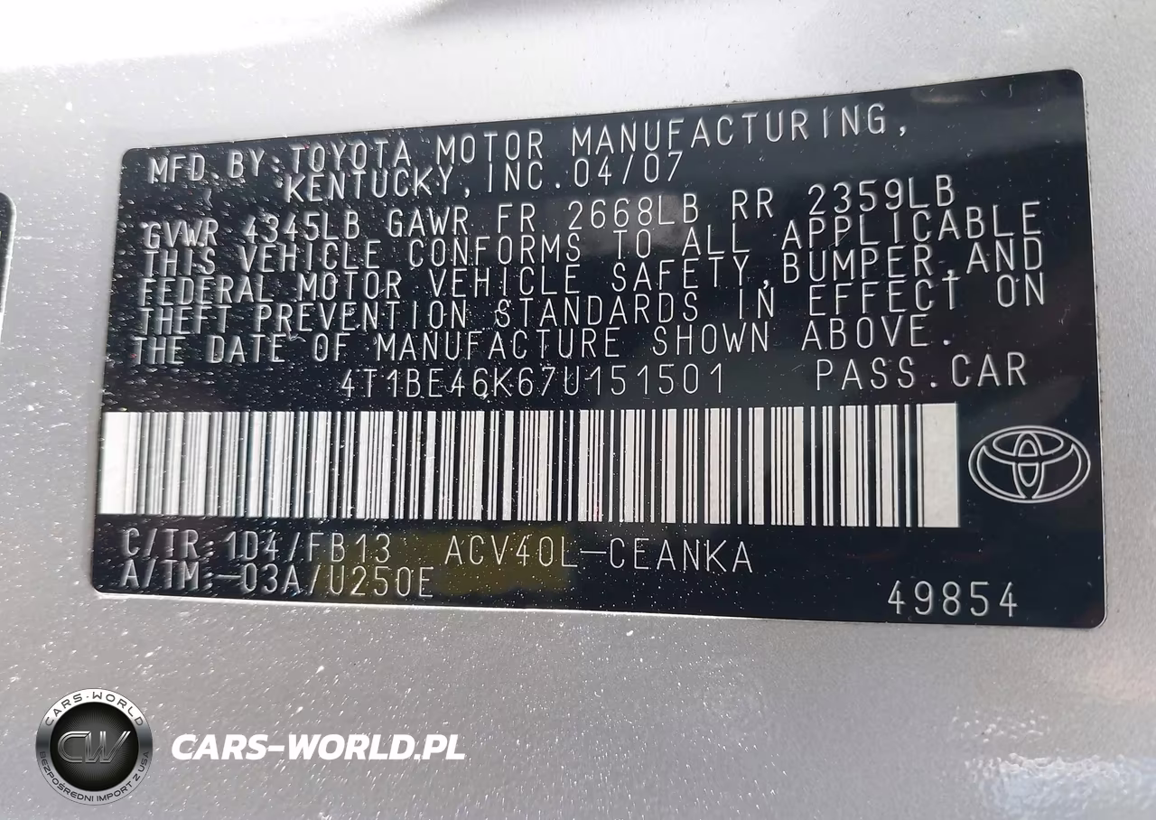2007 Toyota Camry Le VIN:4T1BE46K67U151501 - 9