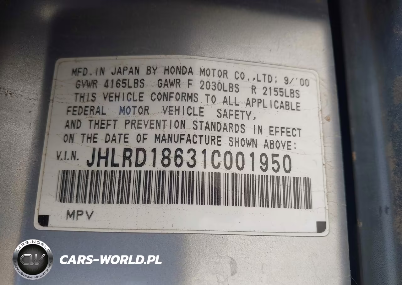 2001 Honda Cr-V Ex VIN:JHLRD18631C001950 - 9