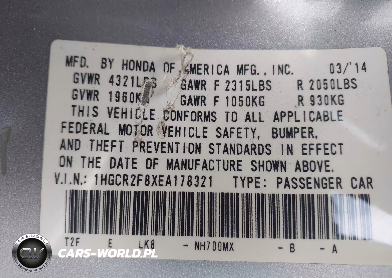 2014 Honda Accord Ex-L VIN:1HGCR2F8XEA178321 - 9