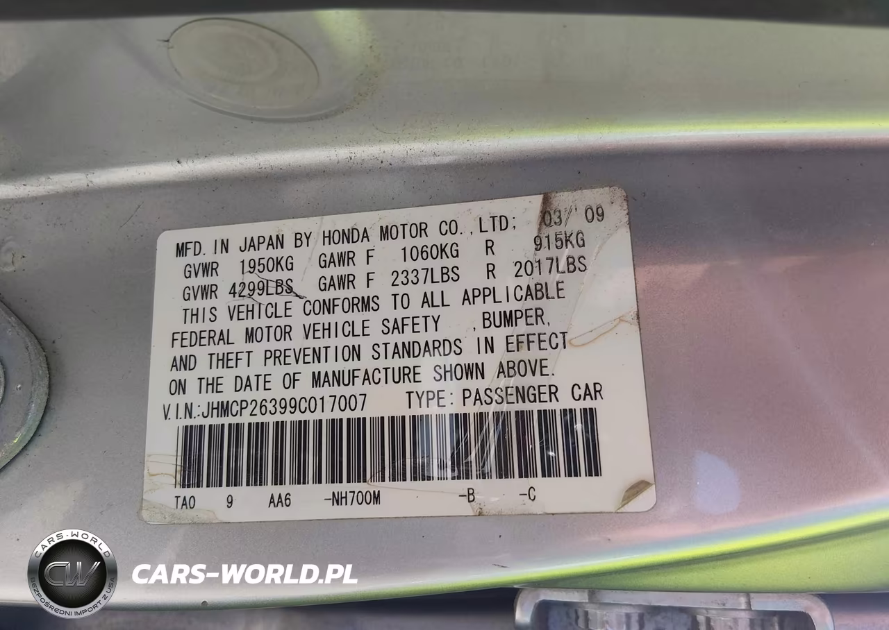 2009 Honda Accord 2.4 Lx VIN:JHMCP26399C017007 - 9