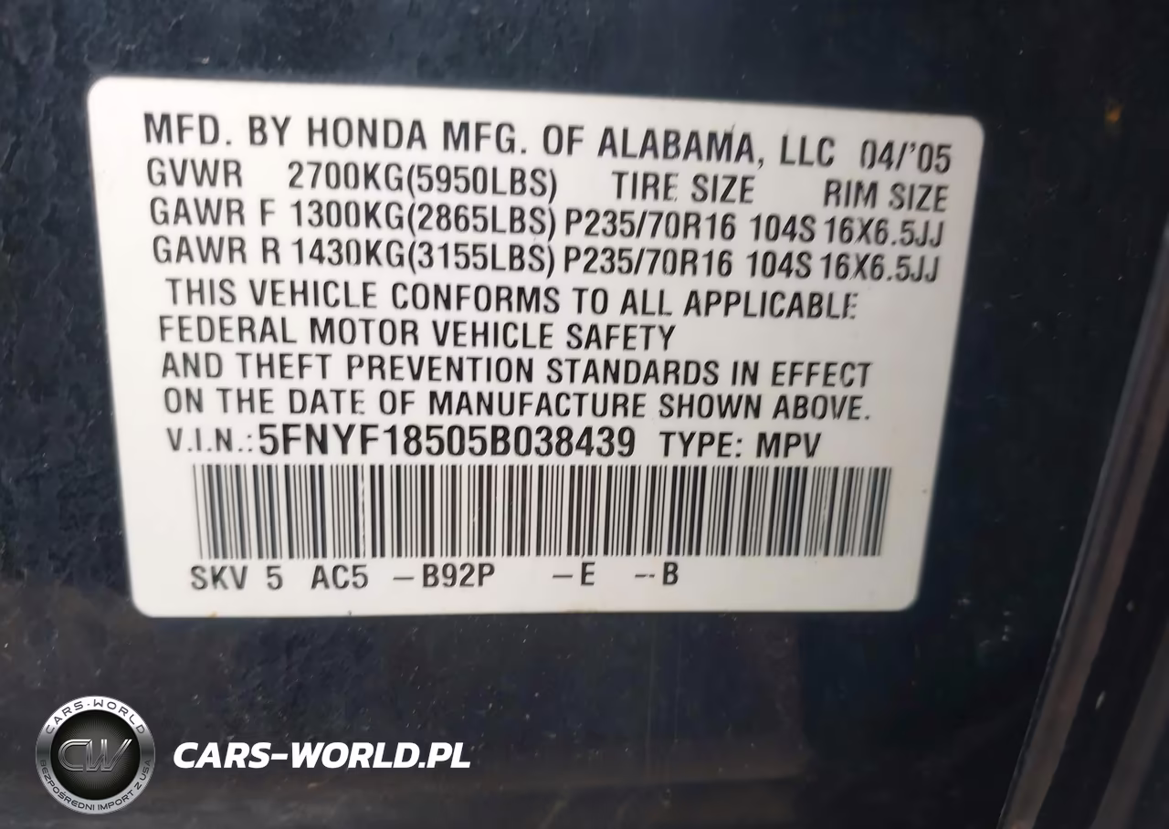 2005 Honda Pilot Ex-L VIN:5FNYF18505B038439 - 9