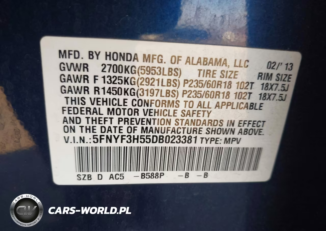 2013 Honda Pilot Ex-L VIN:5FNYF3H55DB023381 - 9