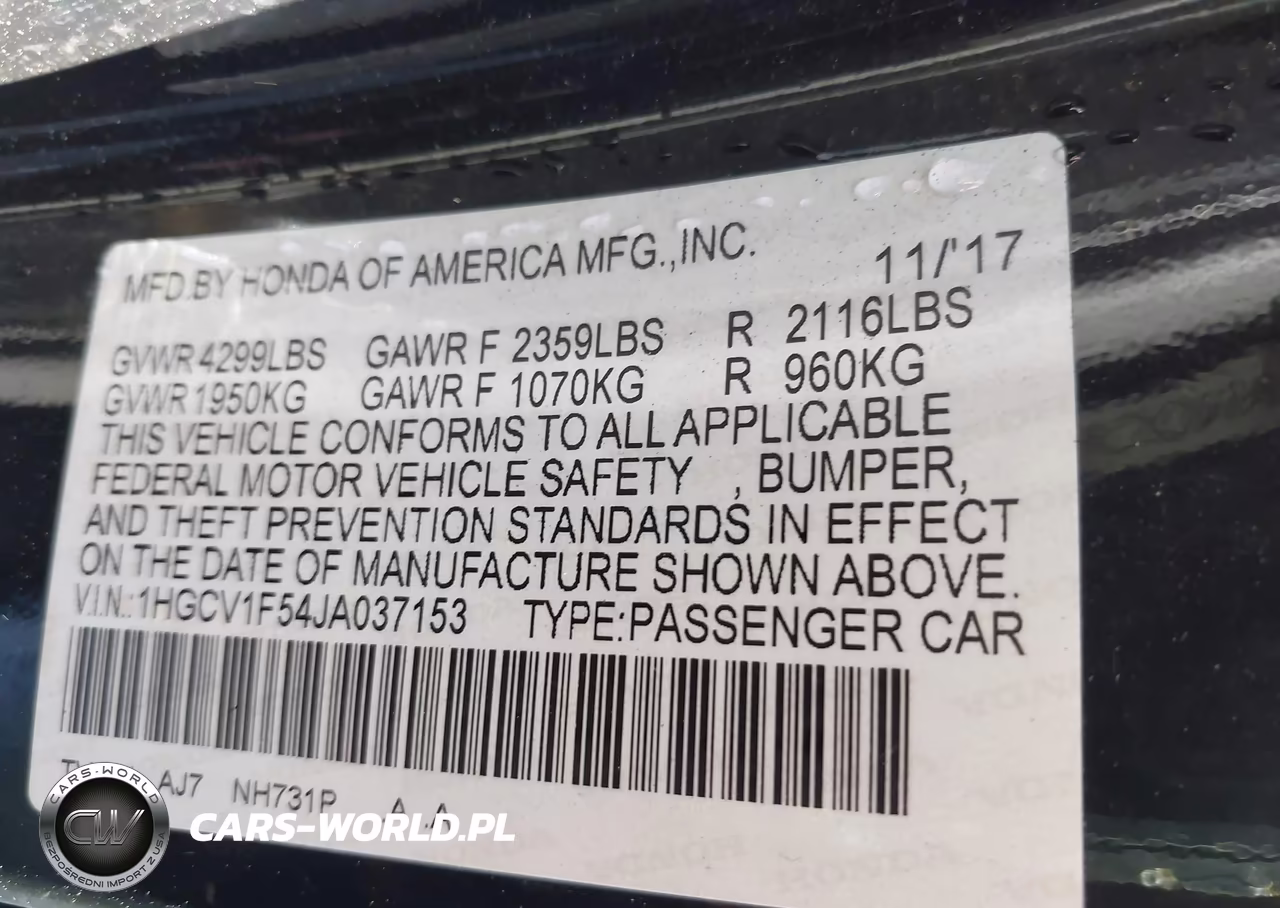 2018 Honda Accord Ex-L VIN:1HGCV1F54JA037153 - 9