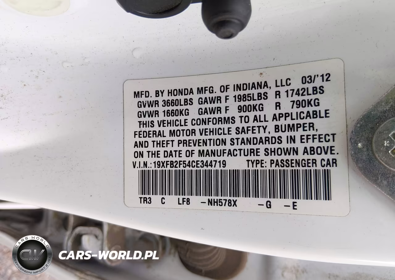 2012 Honda Civic Sdn Lx VIN:19XFB2F54CE344719 - 9