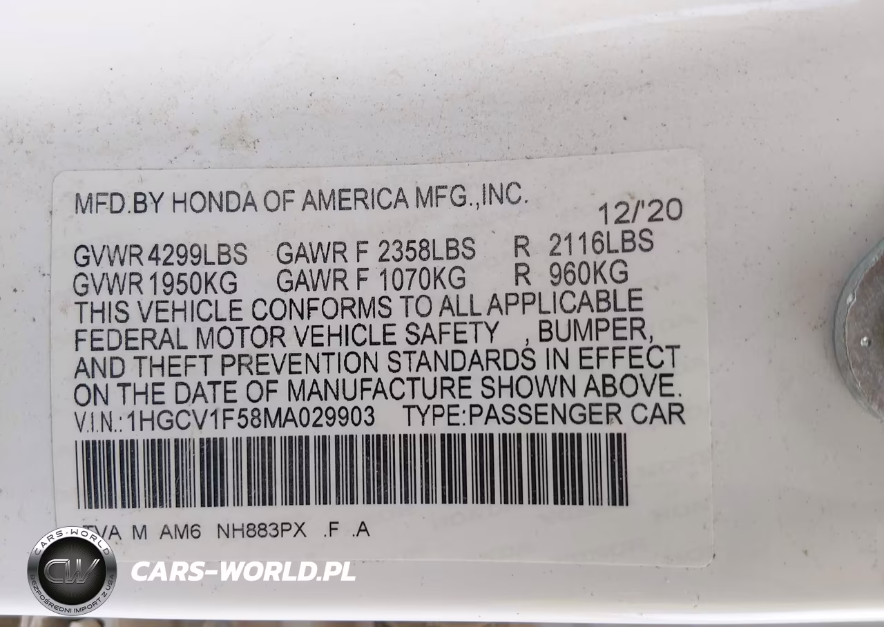 2021 Honda Accord Ex-L VIN:1HGCV1F58MA029903 - 9