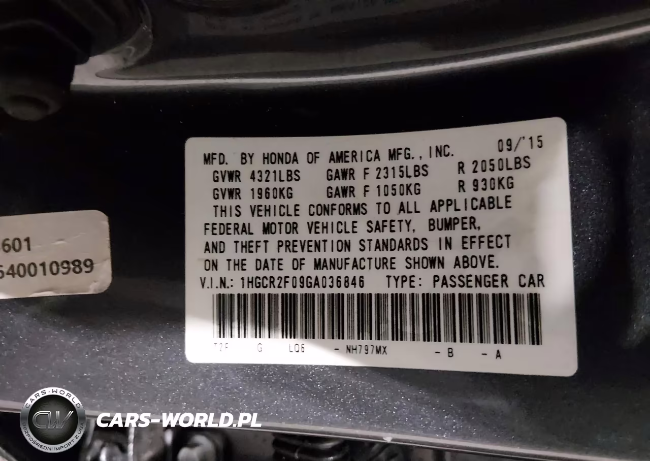 2016 Honda Accord Ex VIN:1HGCR2F09GA036846 - 9