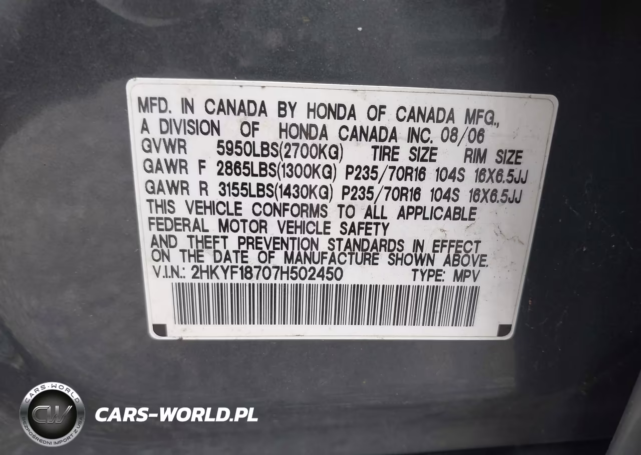 2007 Honda Pilot Ex-L VIN:2HKYF18707H502450 - 9