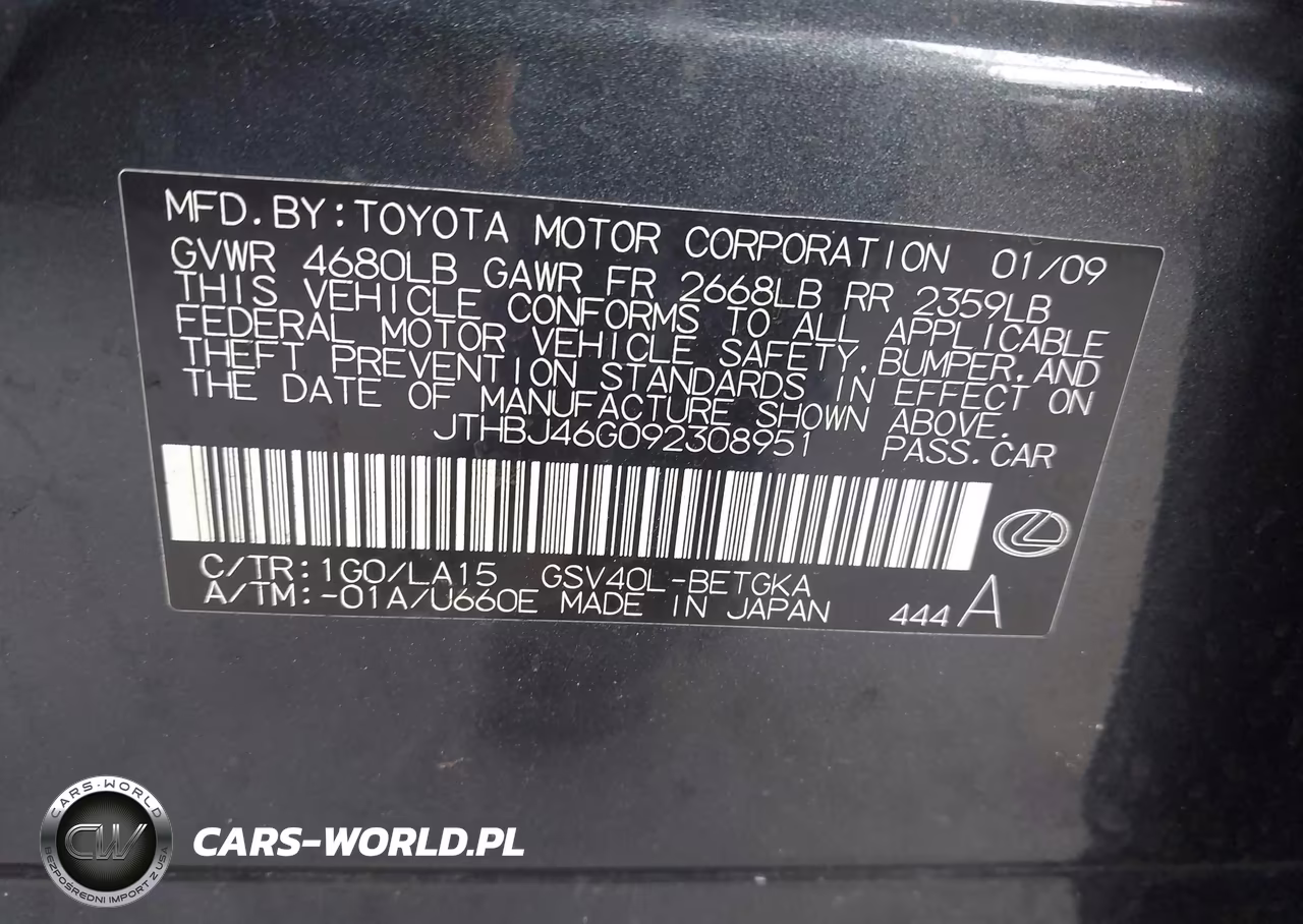 2009 Lexus Es 350 VIN:JTHBJ46G092308951 - 9