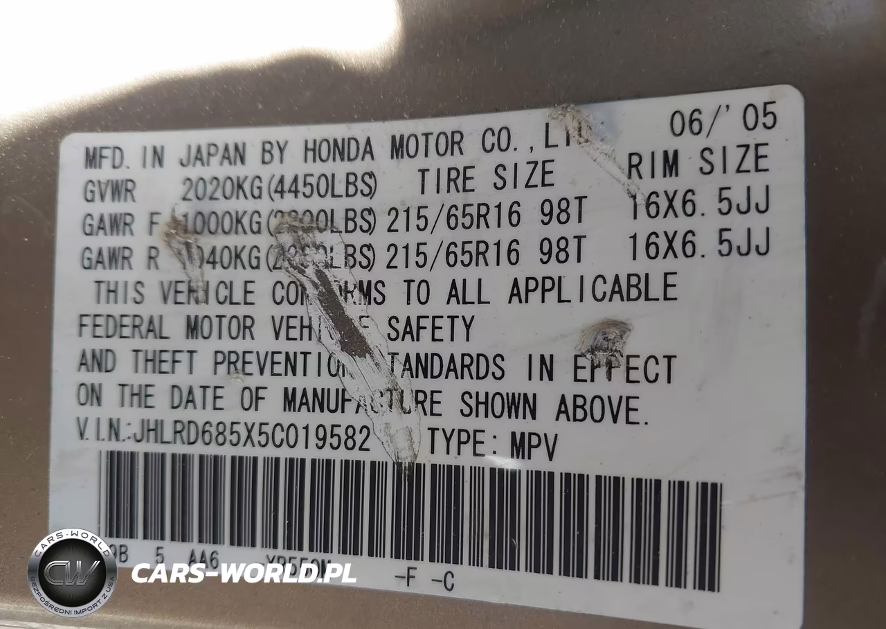 2005 Honda Cr-V Lx VIN:JHLRD685X5C019582 - 9