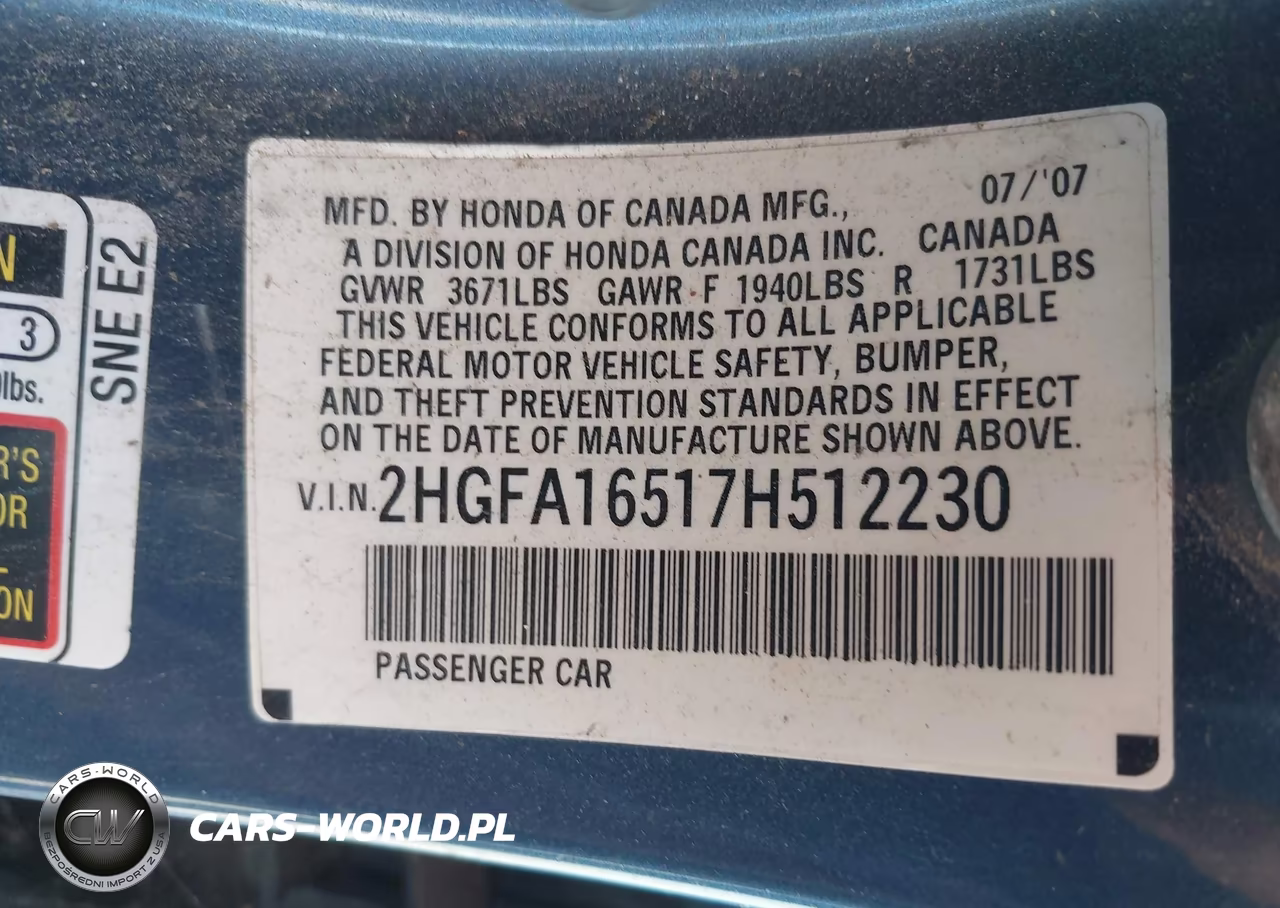 2007 Honda Civic Lx VIN:2HGFA16517H512230 - 9