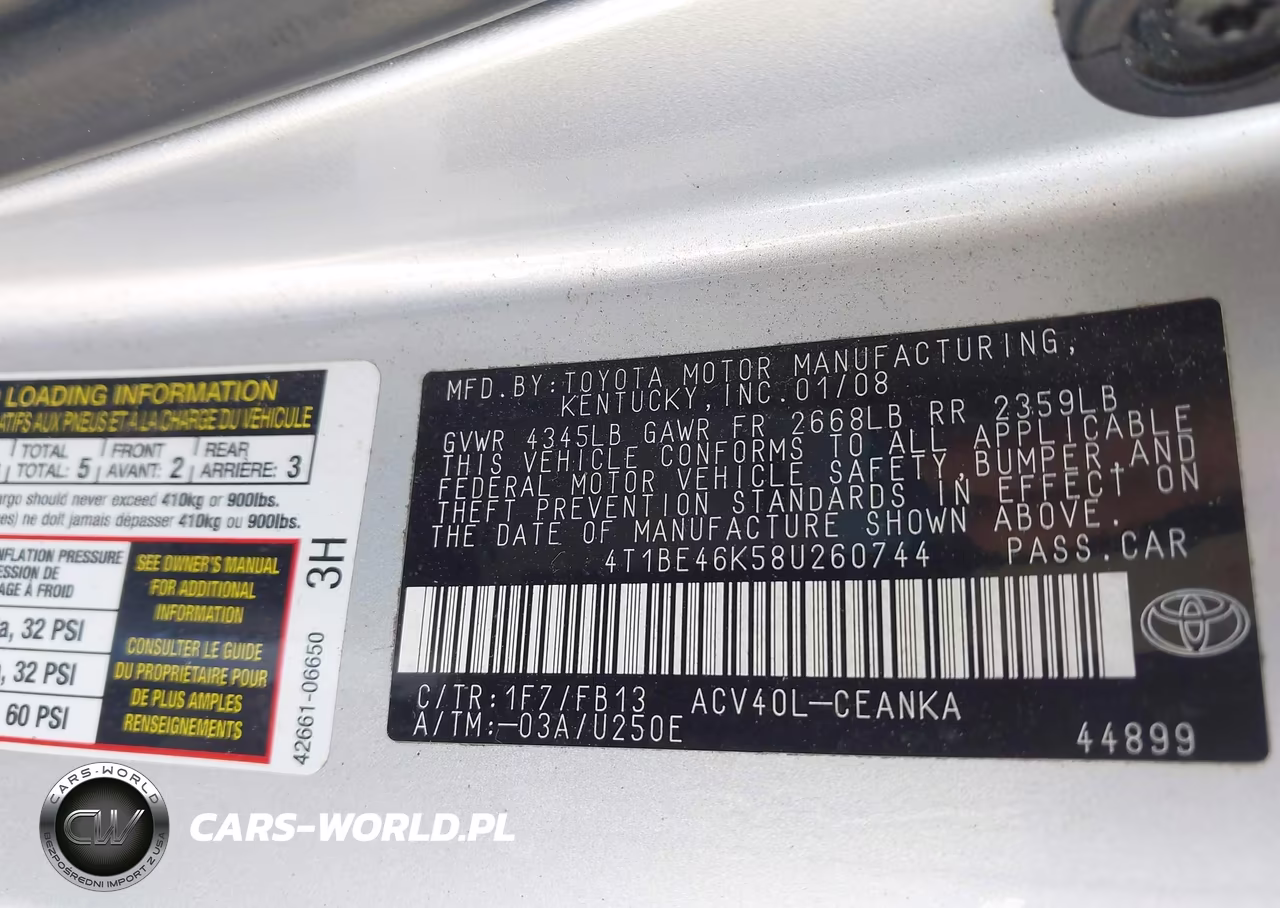 2008 Toyota Camry Le VIN:4T1BE46K58U260744 - 9